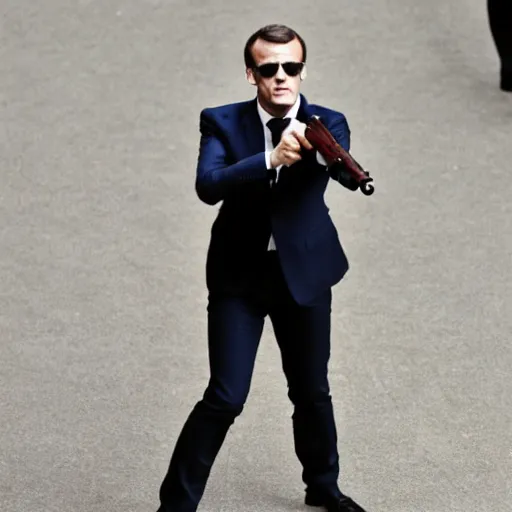 Image similar to emmanuel macron with a gun and shades in the matrix movie, full body shot, highly - detailed, sharp focus, award - winning