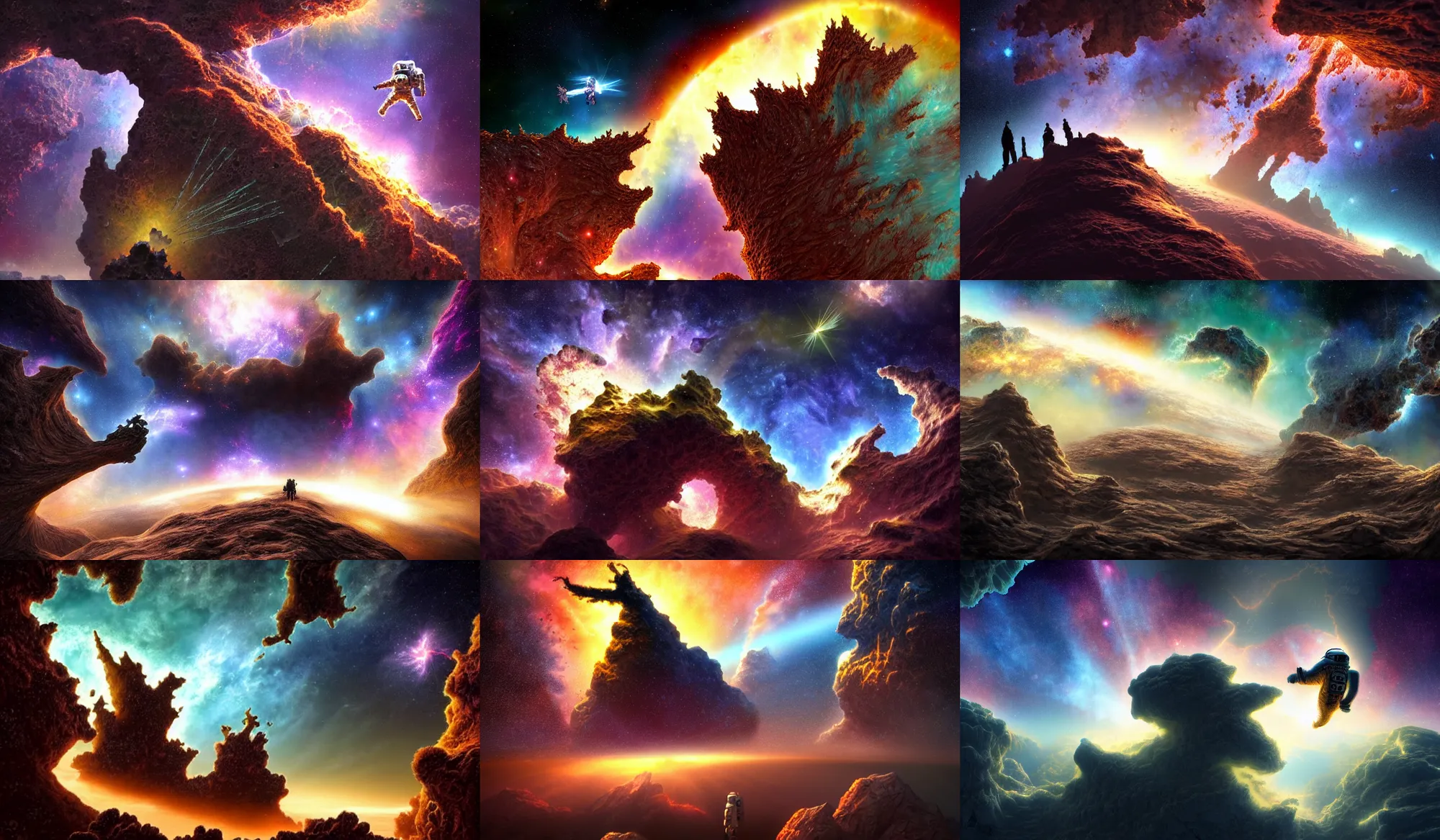 Prompt: astronaut silhouette on a mountain on beautiful alien world, fractal mandelbulb lightning shooting by, pillars of creation nebula in background, starfield in background, style of Tyler Edlin, style of Tim White