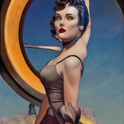 Image similar to a streamline moderne, ( art nouveau ), ( dieselpunk ) painting in the style of charlie bowater, and in the style of donato giancola, and in the style of charles dulac. symmetry, smooth, sharp focus, ultrarealism, intricate symmetrical ultrafine background detail.