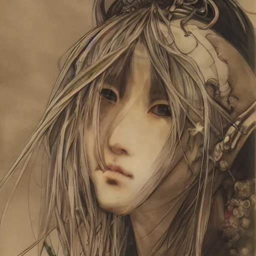 Image similar to yoshitaka amano blurred and dreamy illustration, renaissance oil portrait, realistic anime girl with long wavy white hair fluttering in the wind and black eyes wearing elden ring style armor with engraving, highly detailed, art by moon, abstraction in the background, strange camera angle, three - quarter view, noisy film grain effect, soft light, dark mood