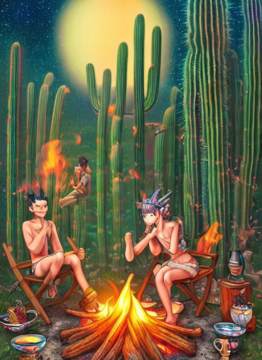 Prompt: richly detailed colored pencil 3 d illustration spartan drinking tea at campfire with trichocereus background and smoke haze full moon ayahuasca peyote art by range murata and artgerm