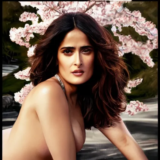 Prompt: fashion pose portrait of salma hayek by stefan kostic, realistic, body shot, sharp focus, 8 k high definition, insanely detailed, intricate, elegant, art by stanley lau and artgerm, cherry blossoms