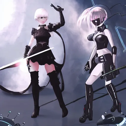 Prompt: 2B from Nier Automata as a cyber punk android fighting A2 as a Viking warrior princess that was frozen in time