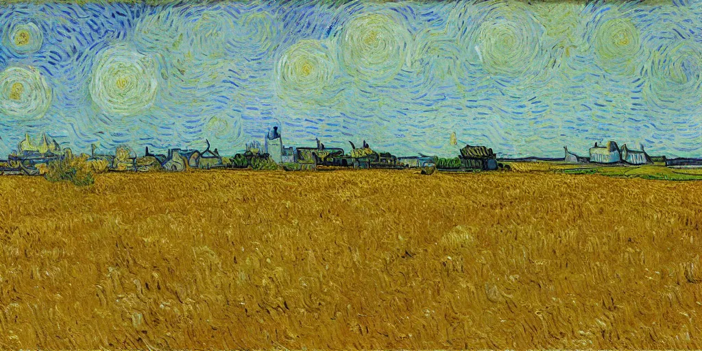 Prompt: golden wheat field, harvest, unreal, by vincent van gogh