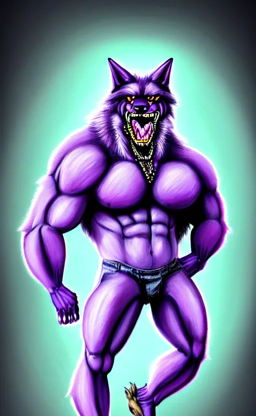 Prompt: painting of an anthropomorphic bulky muscular purple wolf, furry style, wearing jeans, deviant art, fursona, professional furry drawing, insanely detailed, bulky wolf - dragon like face with dragon features, doing a pose from jojo's bizarre adventure, detailed veiny muscles, exaggerated features, beautiful shading, huge white teeth, grinning, colorful background