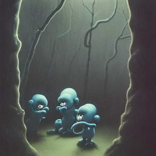 Image similar to smurfs in the style of zdzisław beksinski, creepy and scary atmosphere like nightmare