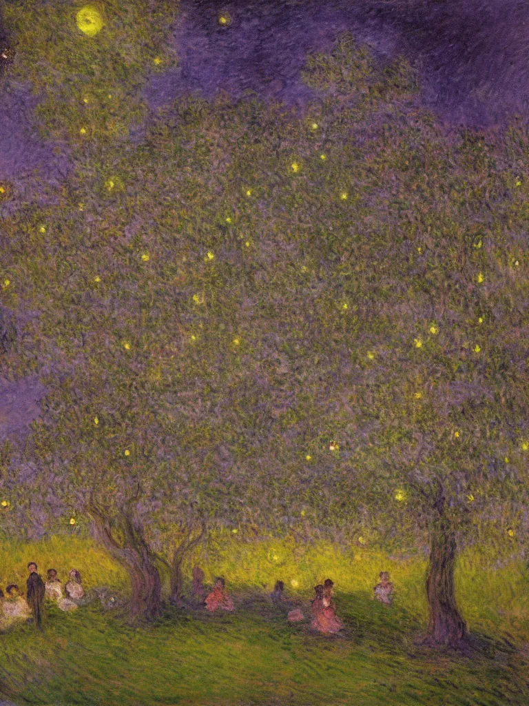 Prompt: gauzy impressionist painting of my backyard in the dark evening with an old apple tree with people! dancing in the moonlight and a few fireflies, dark purplish cast, color oil painting by claude monet and piet mondrian, cosmic trending on artstation 8 k