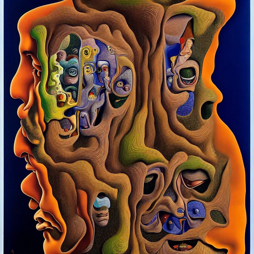 Prompt: a face coming out of a face coming out of a face coming out of a face, recursion, fractals, surreal, by salvador dali and mc escher and max ernst, oil on canvas, weird, dreams, fantasy, intricate details, soft lighting, warm colors