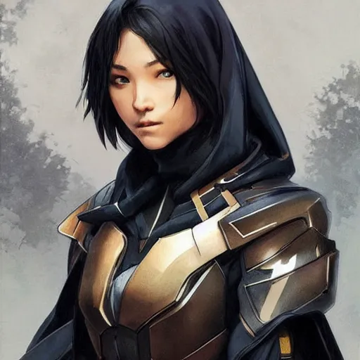 Prompt: cassandra cain in destiny hunter armor, wearing a hooded cloak, beautiful face!!!!, 2 7 years old, cg animation, realistic, character select portrait, by artgerm, greg rutkowski, alphonse mucha, 3 d 2 0 2 5