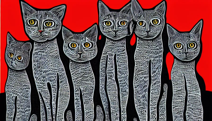 Image similar to artwork of really tall sitting cats by stanley donwood, thick brush, 4 k resolution