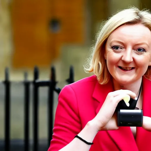 Prompt: liz truss using pork sausage as a phone