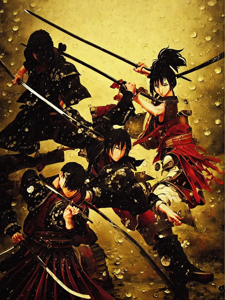 Image similar to baroque oil painting of key visual samurai duel, samurai armor, rain, brutalist fantasy, rule of thirds golden ratio, fake detail, trending pixiv fanbox, acrylic palette knife, style of makoto shinkai takashi takeuchi yoshiyuki sadamoto