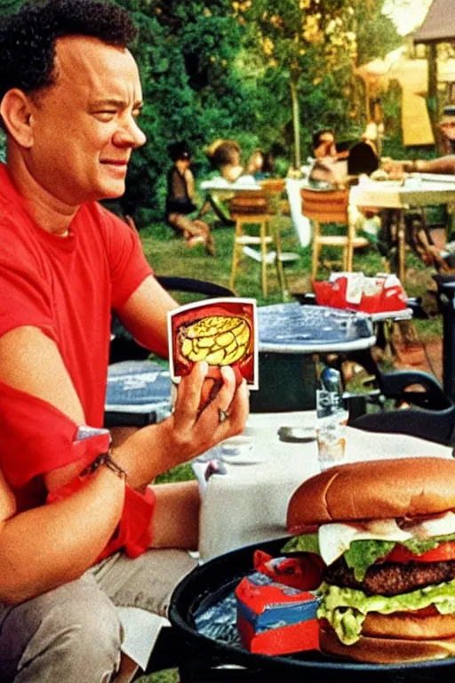 Image similar to tom hanks grilling burgers tarot card, turbografx