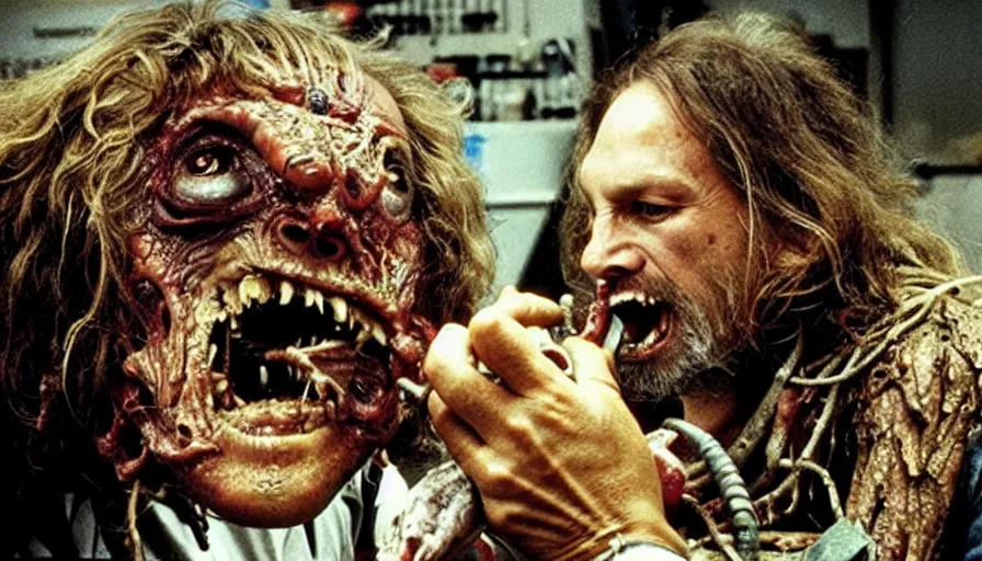 Image similar to a disgusting vile monster eating a man from The Thing, by Cronenberg and greg nicotero