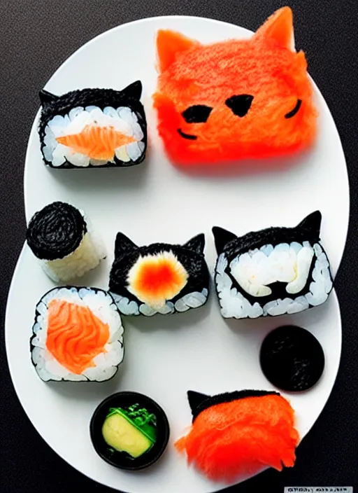 Image similar to clear photorealistic picture of adorable cats made out of sushi