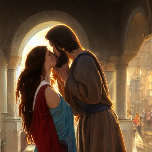 Image similar to jesus kissing a woman in a street, elegant, highly detailed, digital painting, artstation, concept art, matte, sharp focus, highly detailed, 4 k, hdr, smooth, sharp focus, high resolution, award - winning photo, photorealistic, art by artgerm and greg rutkowski and alphonse mucha, large shot