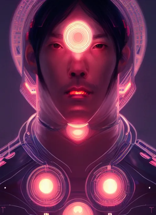 Image similar to symmetry!! portrait of japanese man, tech wear, glowing lights!! intricate, cyberpunk, elegant, highly detailed, digital painting, artstation, concept art, smooth, sharp focus, illustration, art by artgerm and greg rutkowski and alphonse mucha