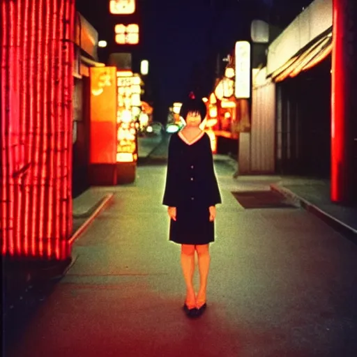 Prompt: a Japanese woman with bangs on a street at night, 1966, 35mm photography, red neon lights