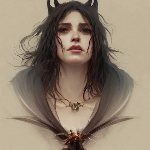 Image similar to A witch, closeup, D&D, intricate, elegant, highly detailed, digital painting, artstation, concept art, matte, sharp focus, illustration, art by Artgerm and Greg Rutkowski and Alphonse Mucha]