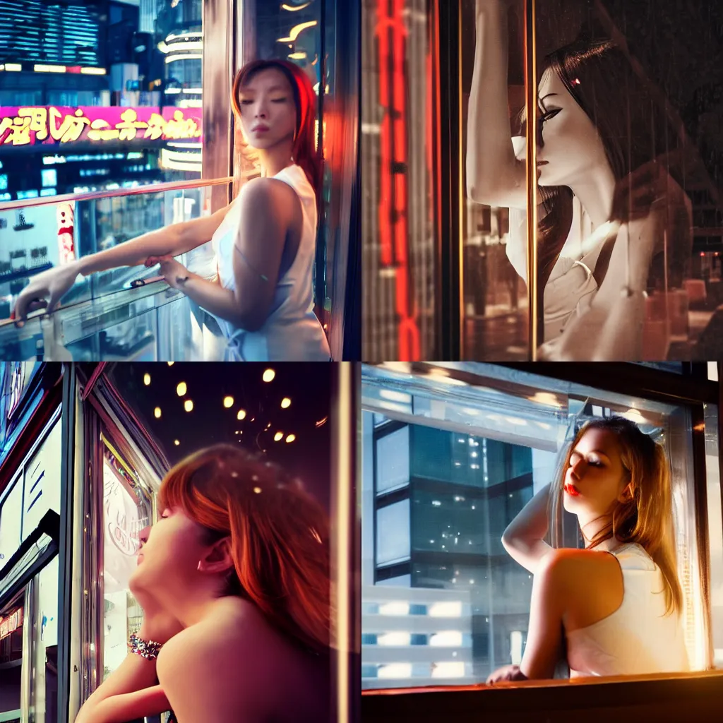 Prompt: extreme detailed low angle shot of a glamorous trans woman on a white dress, siting on the balcony of a japanese cafe, behind a glass where the reflections of some neon signs are visible, deviantart, cyberpunk, lonely