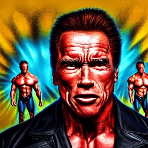 Image similar to I've discovered life, arnold schwarzenegger, ecstatic, infinite power, manic, perfect eyes, full body shot, chemical structures, atoms, molecules, portrait, energized face, noble, transformation, vivid colors, elegant, concept art, sharp focus, digital art, Hyper-realistic, 4K, Unreal Engine, Highly Detailed, HD, Dramatic Lighting by Brom, trending on Artstation