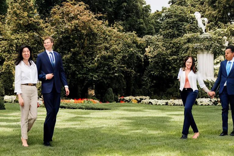 Image similar to beautiful 3 5 year old female president wearing suit alone in the white house rose garden with her two boyfriends, holding hands, press photo, dslr, bokeh, romantic