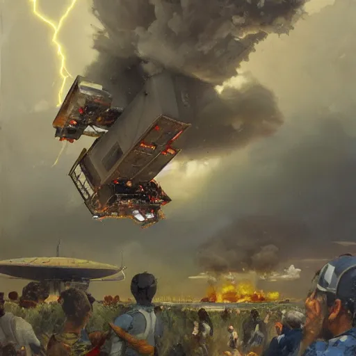 Prompt: a spanish italian spaceship, stuck in the ground, the spaceship is on fire, smoke, rainstorm, lightning, angry, kinetic, john sargent, peter deligdisch, adolphe bouguereaum, norman rockwell, trending on artstation, highly detailed oil painting,