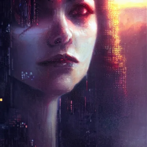 Image similar to neuromancer, closeup portrait of a young beautiful cyberpunk woman, eye implants, sunset, cyberpunk city background, megacity, gorgeous view, depth, painted by seb mckinnon, high detail, digital art, painted by greg rutkowski, trending on artstation