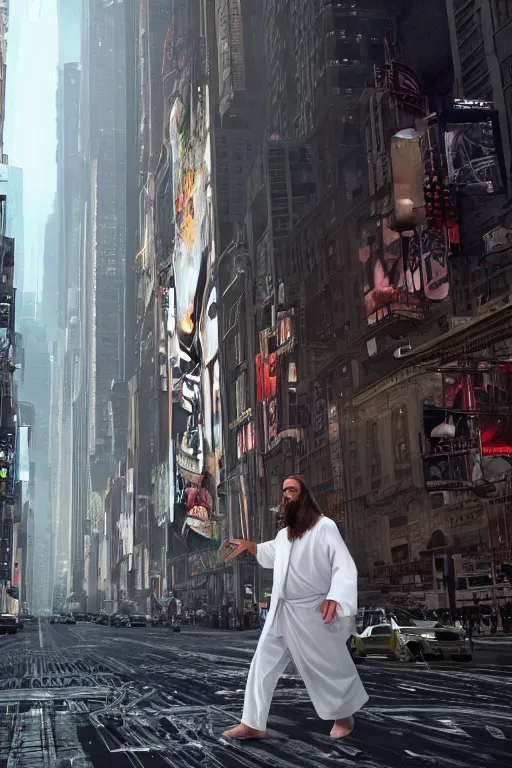 Image similar to jesus christ wearing a white robe with robotic arms and robotic legs walks in downtown new york in the future, intricate, hyper detailed, accent lighting, dramatic light, 4 k octane render