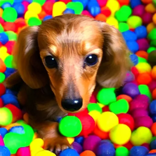 Prompt: long haired blonde miniature dachshund in a ball pit