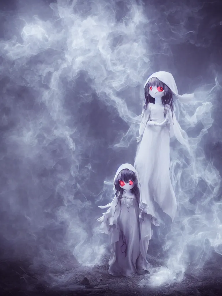 Image similar to cute fumo plush gothic angel maiden girl in hood ghost wraith making an apparition in an abandoned church, fallen angel, wisps of smoke and glowing volumetric fog, vignette, vray