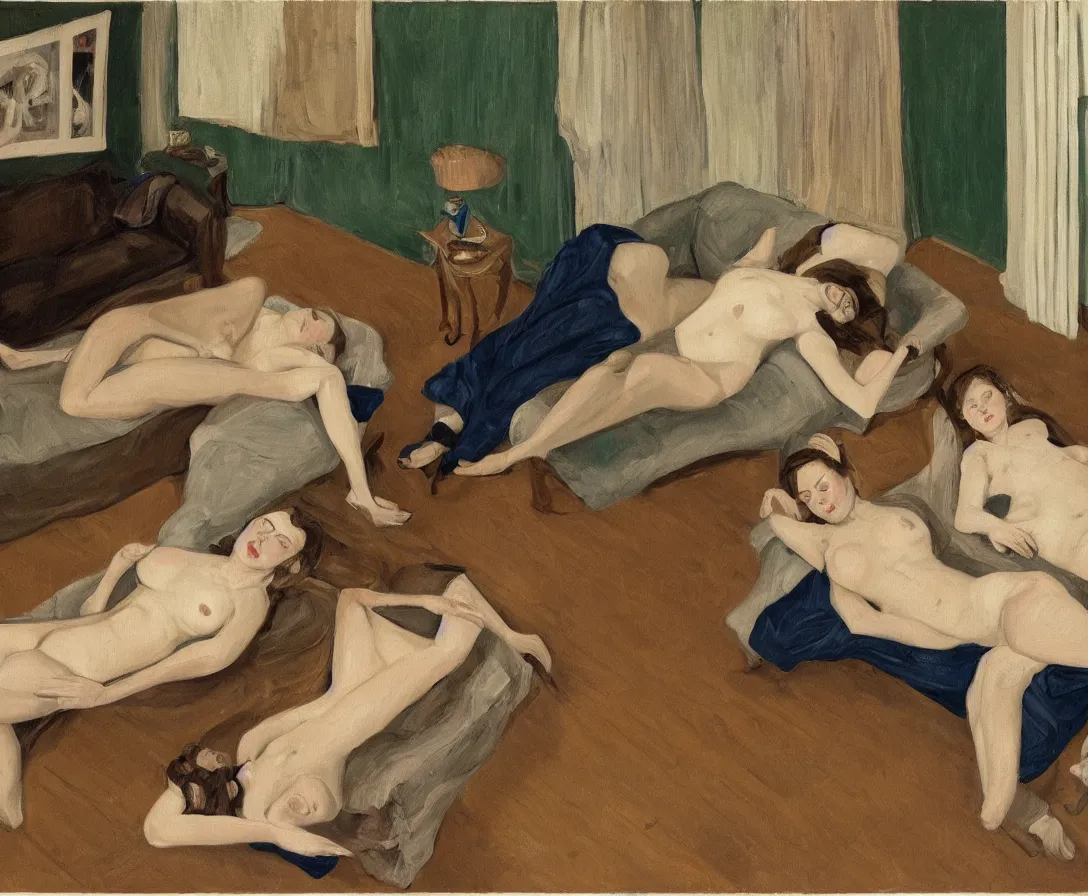 Image similar to portrait of two women lying horizontal, in an empty old english apartment with wooden floor on a brown leather sofa. one is wearing a dark blue sweather, the other a white shirt. brown hair, they are looking into the camera. wide shot. in the style of lucien freud. oil painting. green mood. isometric perspective