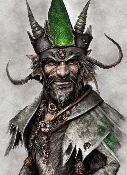 Prompt: a skaven from warhammer fantasy with human eyes and a gray beard, wearing jewelry, tricorne hat, green robe, d & d, digital art, detailed face, highly detailed, trending on artstation, realistic