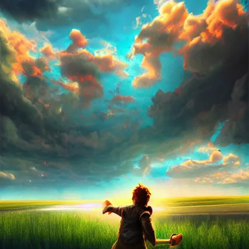 Prompt: puffy clouds, drew struzan movie poster style, vfx art, unreal engine render, claymation style, colourful, volumetric light, digital painting, digital illustration, dramatic light,