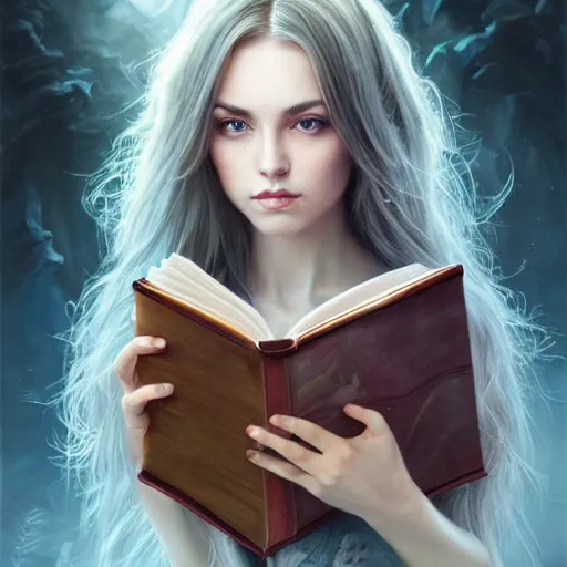 Image similar to a girl with magic book coming out from her arms, under the skin, ultradetailed, hair flowing down, 8 k, hyperrealistic, hyperdetailed, fantasy portrait by laura sava