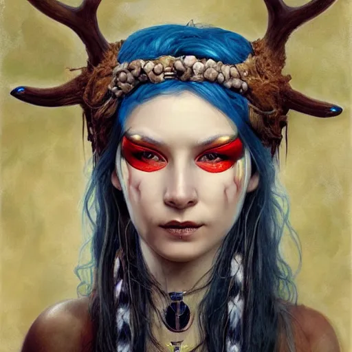 Prompt: A young female shaman, blue hair and antlers on her head. blindfolded, heilung, in the style of Heather Theurer, made by karol bak