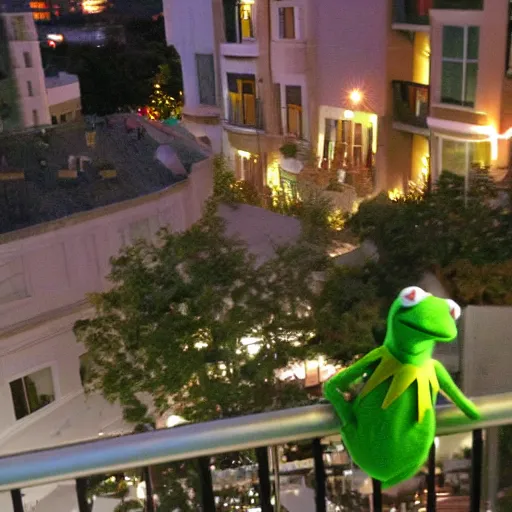 Image similar to kermit from the balcony at night