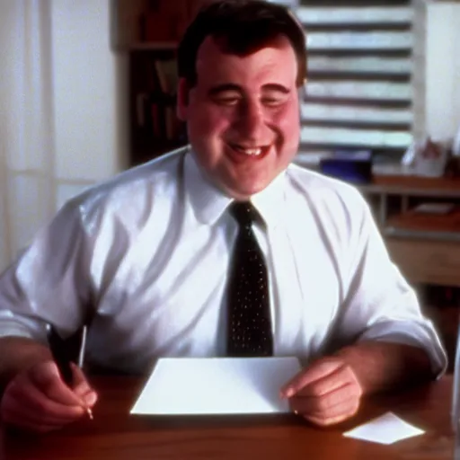 Image similar to clean - shaven chubby white man wearing a shirt and necktie sitting at a desk writing on a small card, smiling, 1 9 8 9 movie still, tv scan lines, cinematography, cinematic lighting