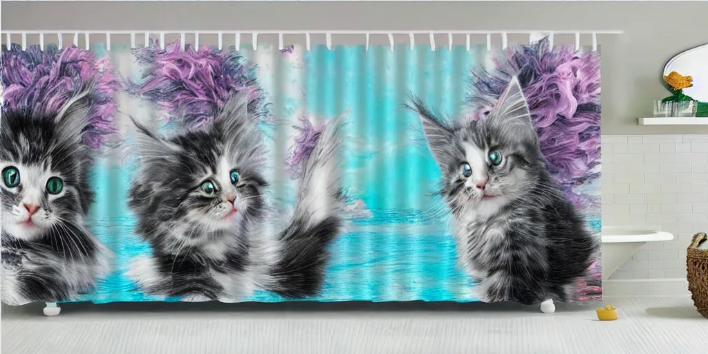 Prompt: a main coon kitten little mermaid themed shower curtain, product photography. digital art. 4 k, highly detailed.