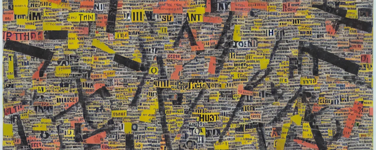 Prompt: a typographic painting of words and letters, by Tristan Tzara, oil paint, Concrete poetry, dada, collage, abstract, words, Highly Detailed