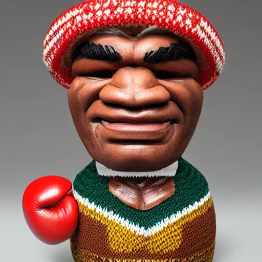 Prompt: a photorealistic photograph of a knitted Trader Vic's Tiki Mug featuring Mike Tyson in boxing gloves at bar Trending on Artstation, featured on Behance, well-rendered, Unreal Engine, 4K HD