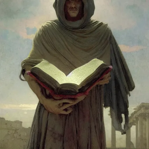 Prompt: half portait of magicus wearing a closed cowl and big old book! chained to the wrist, jeremy mann, jean - leon gerome, tiepolo, alphonse mucha, greg rutkowski, face in the shadows, ( ( ruins of ancient rome ) ), at dusk, mysterious atmosphere, sunrays, dof, high detailed, 8 k