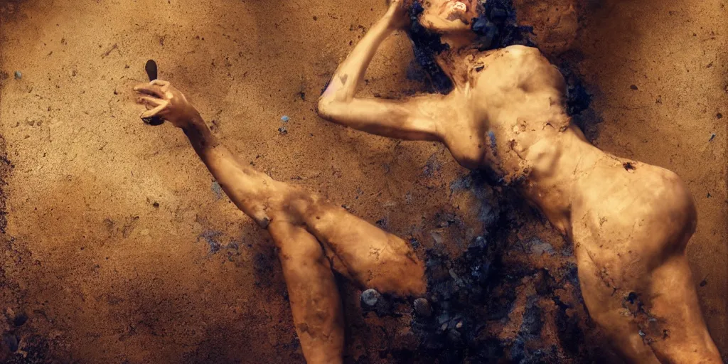 Prompt: highly detailed photography of a woman made of rust clay and embers, rocks, fire, hand gesture, sharp focus, dust particles, dirt, dramatic scene, aesthetic, dynamic lighting, elegant, harmony, masterpiece, by roberto ferri, blue background, high quality, spatula