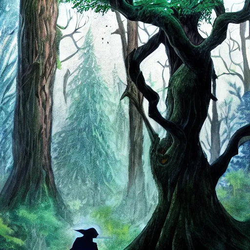 Image similar to painting of the silhouette of two elven warriors in the distance, standing on a big tree root in a deep giant forest, by kev walker, acrylic washes and colored pencils, brilliantly colored painting, fantasy, trending on artstation, intricate, 8 k