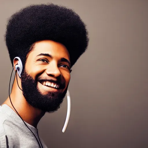 Prompt: portrait of black man with afro wearing headphones, looking cool, hd