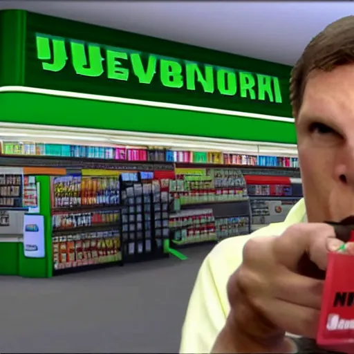 Prompt: Jerma985 robbing a 711, convenience store checkout background, Jerma