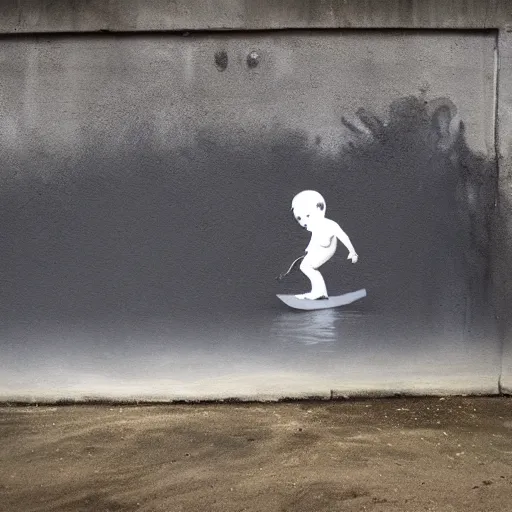 Prompt: a surfing baby painted by banksy