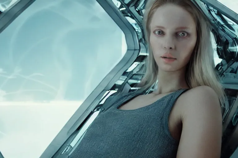 Image similar to VFX movie of a futuristic space woman model gorgeous portrait in inhuman future spaceship, beautiful natural skin natural lighting by Emmanuel Lubezki