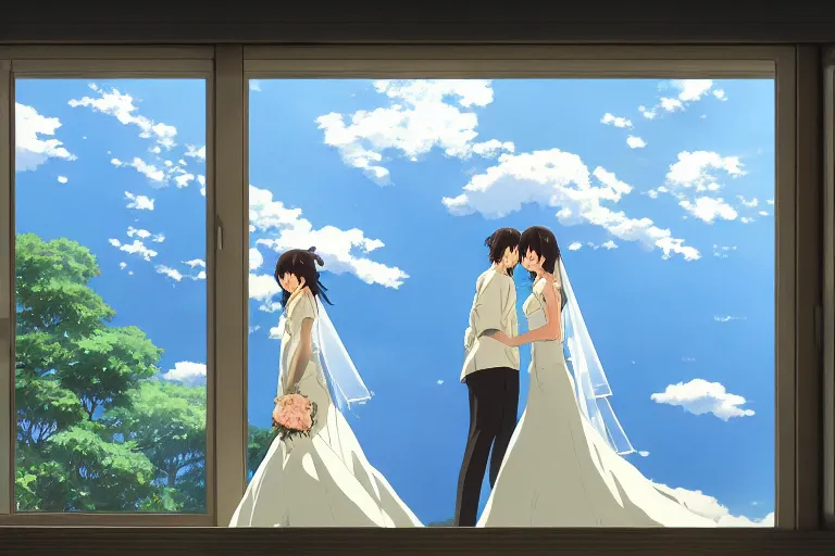 Image similar to a beautiful detailed picture of window, a bride and a groom, sky, by makoto shinkai