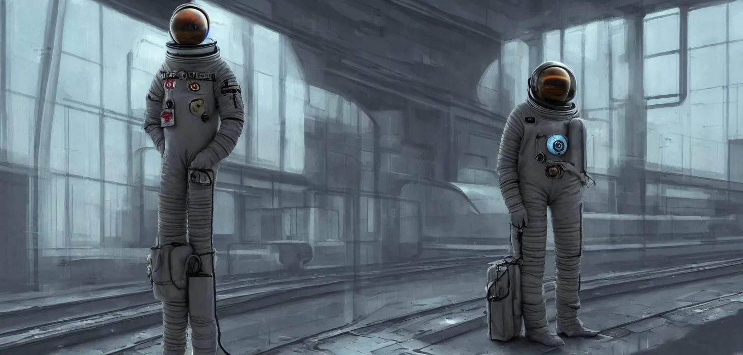 Image similar to anthropomorphic cosmonaut waiting for the train, dystopian art, artstation, photorealistic rendering, concept art
